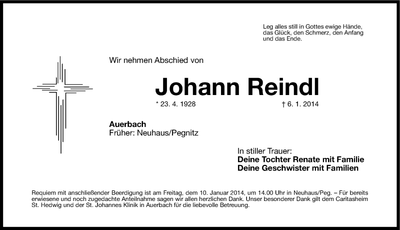  Traueranzeige für Johann Reindl vom 08.01.2014 aus Nordbayerische Nachrichten Pegnitz Lokal