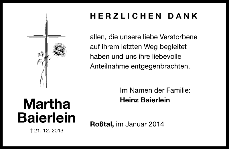  Traueranzeige für Martha Baierlein vom 11.01.2014 aus Fürther Nachrichten Lokal