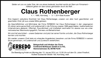 Traueranzeige von Claus Rothenberger von Gesamtausgabe Nürnberger Nachrichten/ Nürnberger Ztg.