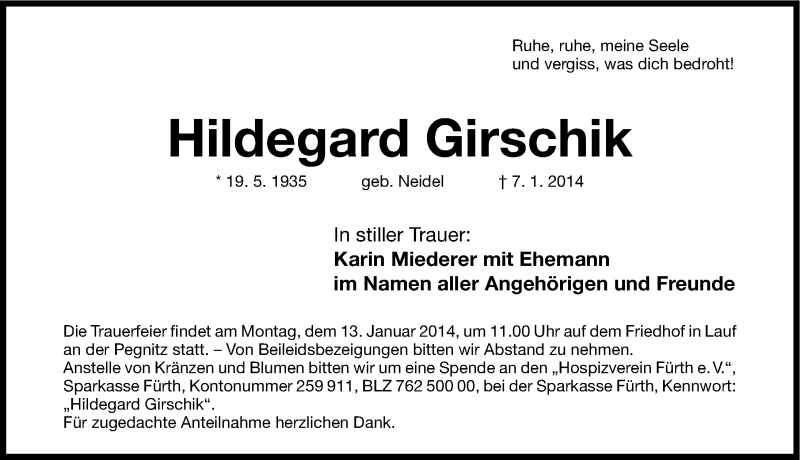  Traueranzeige für Hildegard Girschik vom 10.01.2014 aus Gesamtausgabe Nürnberger Nachrichten/ Nürnberger Ztg.