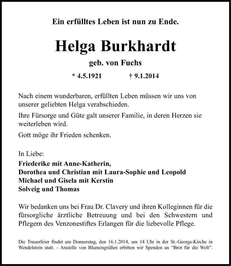 Traueranzeige für Helga Burkhardt vom 14.01.2014 aus Gesamtausgabe Nürnberger Nachrichten/ Nürnberger Ztg.