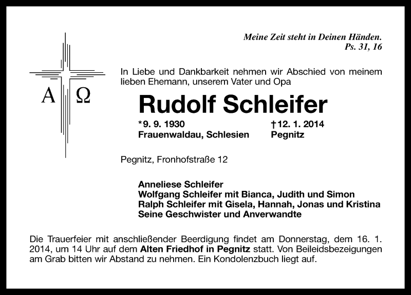  Traueranzeige für Rudolf Schleifer vom 14.01.2014 aus Nordbayerische Nachrichten Pegnitz Lokal