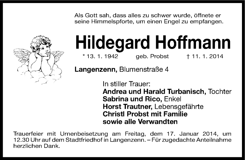  Traueranzeige für Hildegard Hoffmann vom 15.01.2014 aus Fürther Nachrichten Lokal
