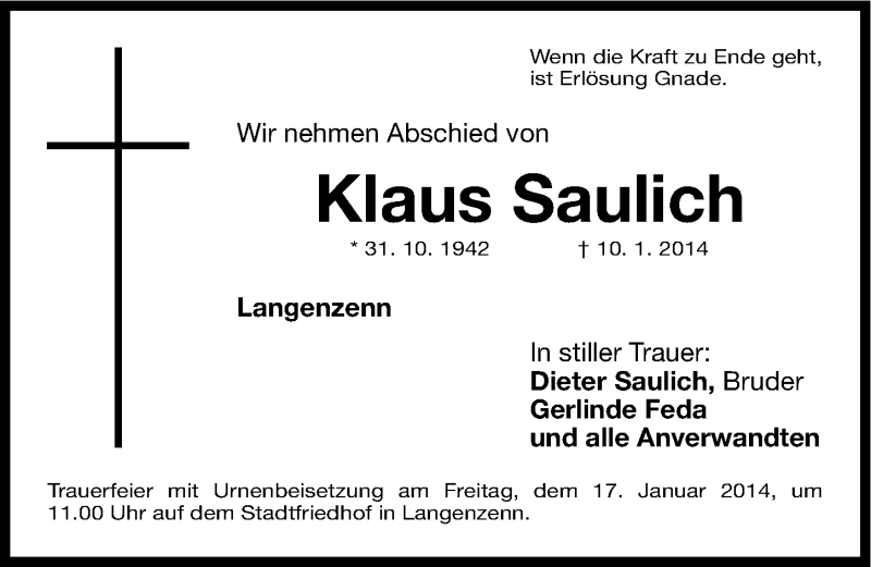  Traueranzeige für Klaus Saulich vom 15.01.2014 aus Fürther Nachrichten Lokal