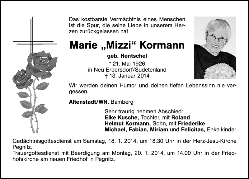  Traueranzeige für Marie Kormann vom 17.01.2014 aus Nordbayerische Nachrichten Pegnitz Lokal