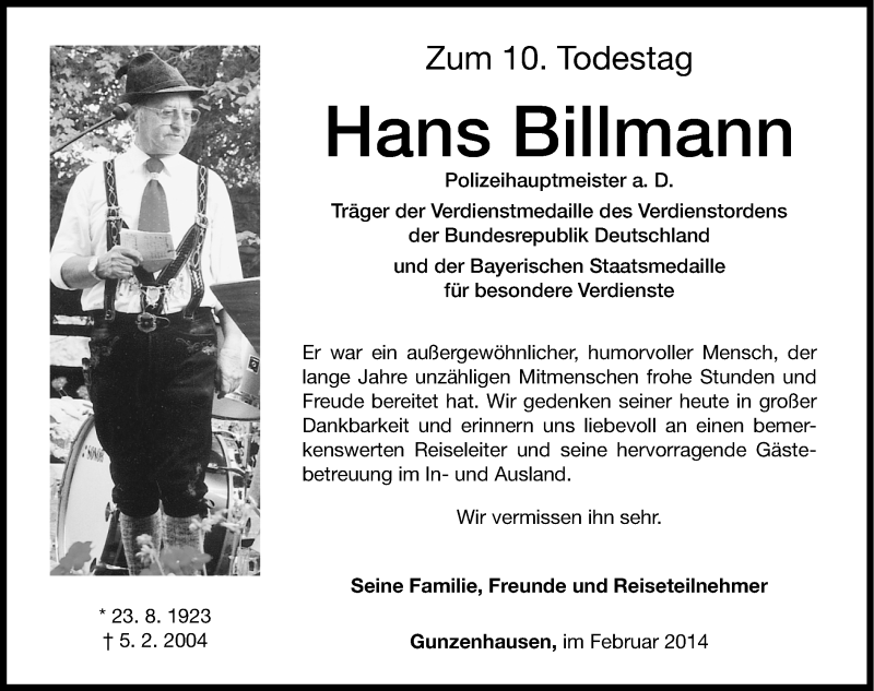 Traueranzeige für Hans Billmann vom 05.02.2014 aus Altmühl-Bote Lokal