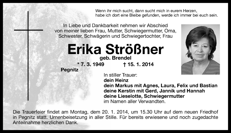  Traueranzeige für Erika Strößner vom 17.01.2014 aus Nordbayerische Nachrichten Pegnitz Lokal