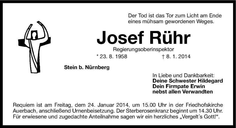  Traueranzeige für Josef Rühr vom 18.01.2014 aus Nordbayerische Nachrichten Pegnitz Lokal