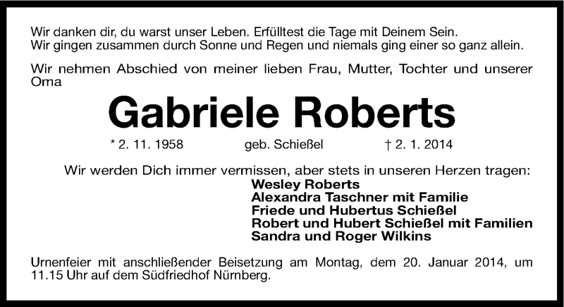  Traueranzeige für Gabriele Roberts vom 18.01.2014 aus Gesamtausgabe Nürnberger Nachrichten/ Nürnberger Ztg.