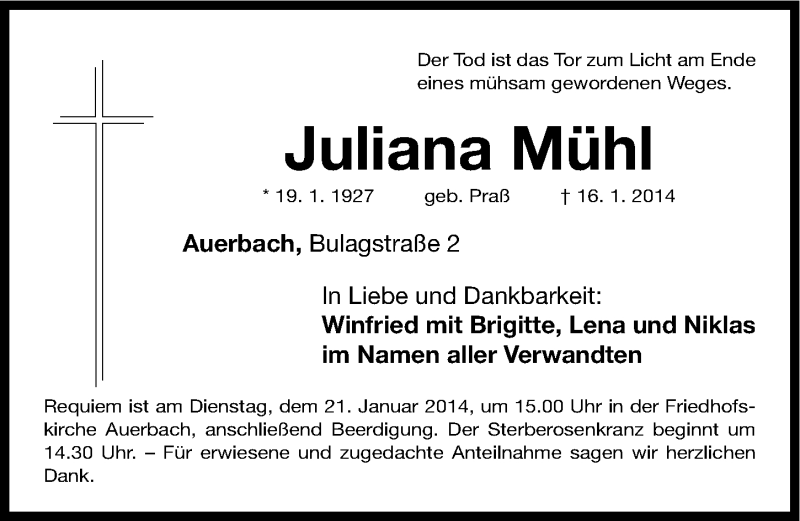  Traueranzeige für Juliana Mühl vom 18.01.2014 aus Nordbayerische Nachrichten Pegnitz Lokal