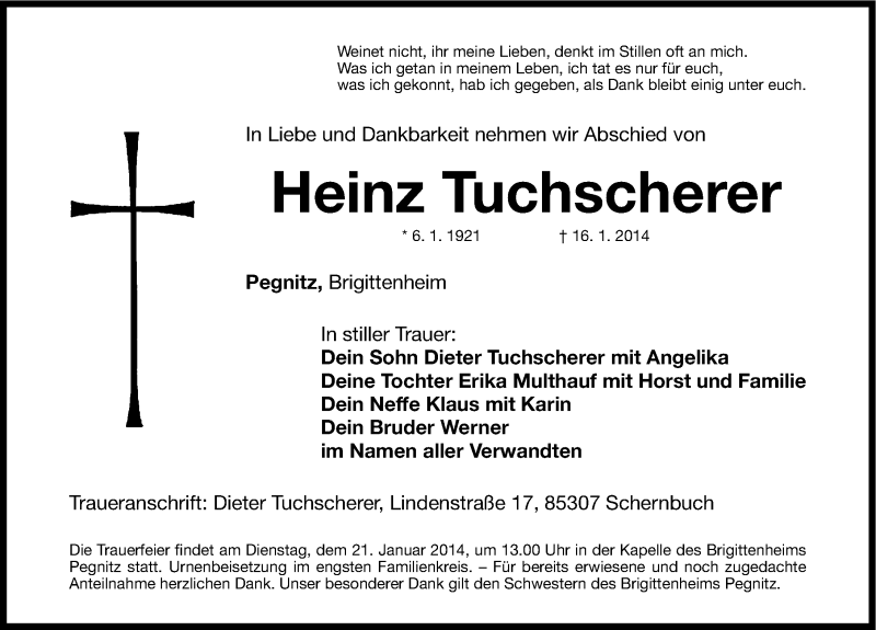  Traueranzeige für Heinz Tuchscherer vom 18.01.2014 aus Nordbayerische Nachrichten Pegnitz Lokal