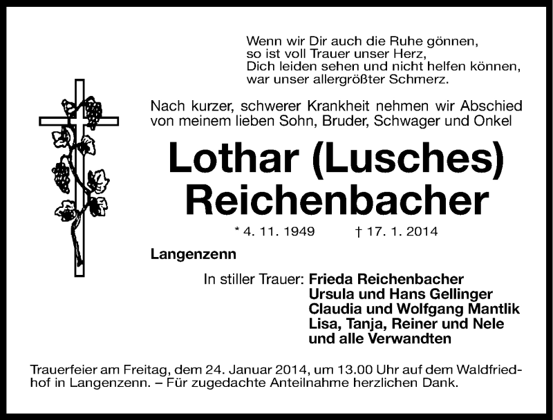  Traueranzeige für Lothar Reichenbacher vom 21.01.2014 aus Fürther Nachrichten Lokal