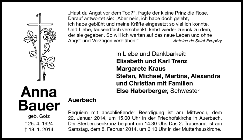  Traueranzeige für Anna Bauer vom 20.01.2014 aus Nordbayerische Nachrichten Pegnitz Lokal