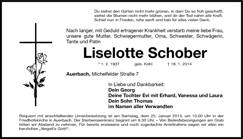  Traueranzeige für Liselotte Schober vom 21.01.2014 aus Nordbayerische Nachrichten Pegnitz Lokal