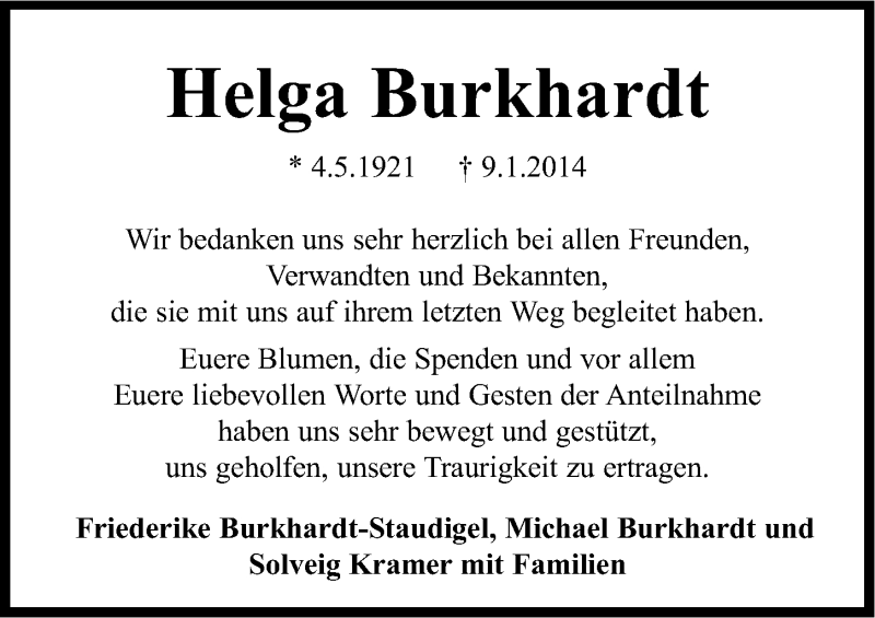  Traueranzeige für Helga Burkhardt vom 25.01.2014 aus Gesamtausgabe Nürnberger Nachrichten/ Nürnberger Ztg.