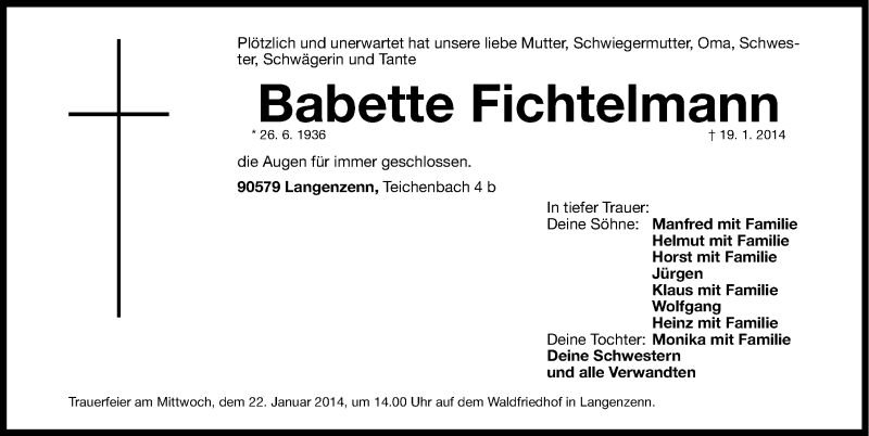  Traueranzeige für Babette Fichtelmann vom 21.01.2014 aus Fürther Nachrichten Lokal