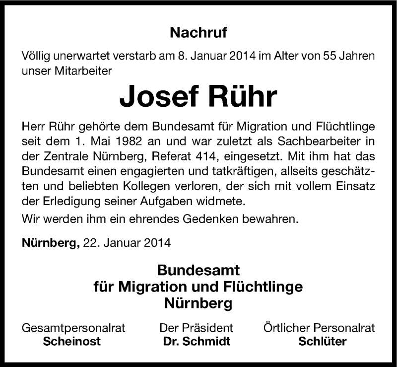  Traueranzeige für Josef Rühr vom 22.01.2014 aus Nordbayerische Nachrichten Pegnitz Lokal