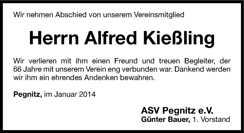  Traueranzeige für Alfred Kießling vom 23.01.2014 aus Nordbayerische Nachrichten Pegnitz Lokal