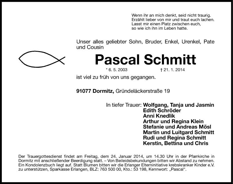  Traueranzeige für Pascal Schmitt vom 23.01.2014 aus Erlanger Nachrichten Lokal