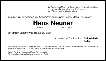 Traueranzeige von Hans Neuner von Gesamtausgabe Nürnberger Nachrichten/ Nürnberger Ztg.