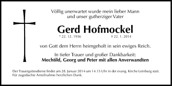 Traueranzeige von Gerd Hofmockel von Gesamtausgabe Nürnberger Nachrichten/ Nürnberger Ztg.