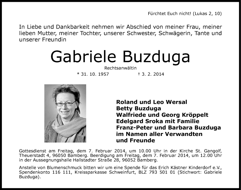  Traueranzeige für Gabriele Buzduga vom 05.02.2014 aus Erlanger Nachrichten Lokal