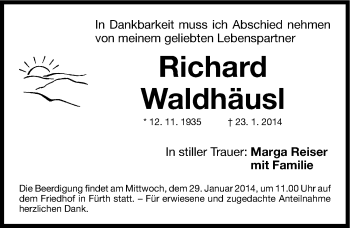 Traueranzeige von Richard Waldhäusl von Gesamtausgabe Nürnberger Nachrichten/ Nürnberger Ztg.