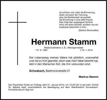 Traueranzeige von Hermann Stamm von Roth-Hilpoltsteiner Volkszeitung Lokal