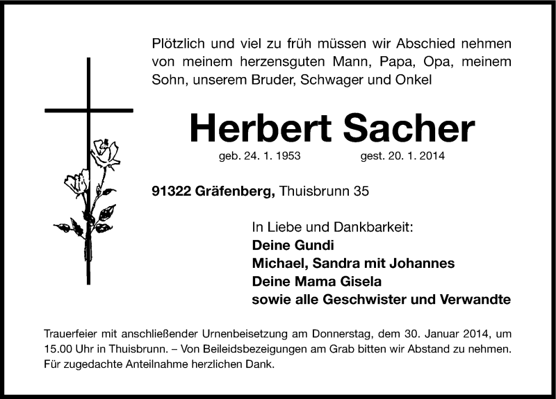  Traueranzeige für Herbert Sacher vom 29.01.2014 aus Nordbayerische Nachrichten Forchheim Lokal