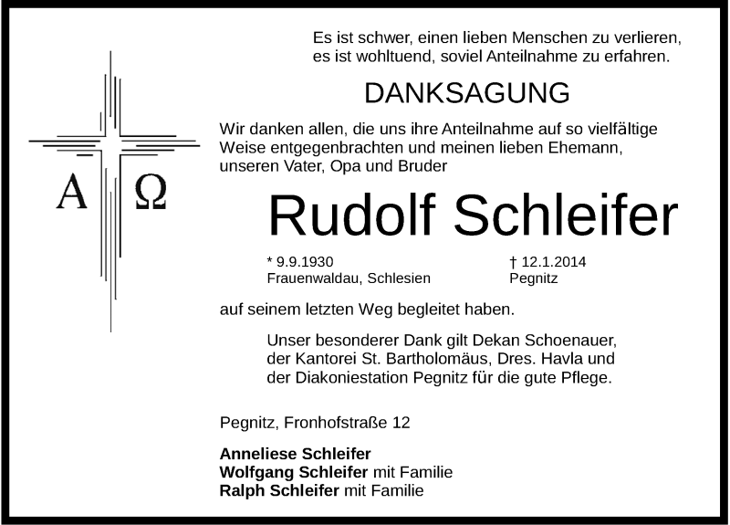  Traueranzeige für Rudolf Schleifer vom 01.02.2014 aus Nordbayerische Nachrichten Pegnitz Lokal