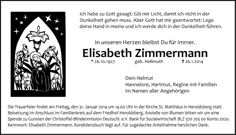  Traueranzeige für Elisabeth Zimmermann vom 29.01.2014 aus Gesamtausgabe Nürnberger Nachrichten/ Nürnberger Ztg.