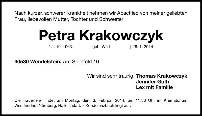  Traueranzeige für Petra Krakowczyk vom 30.01.2014 aus Gesamtausgabe Nürnberger Nachrichten/ Nürnberger Ztg.