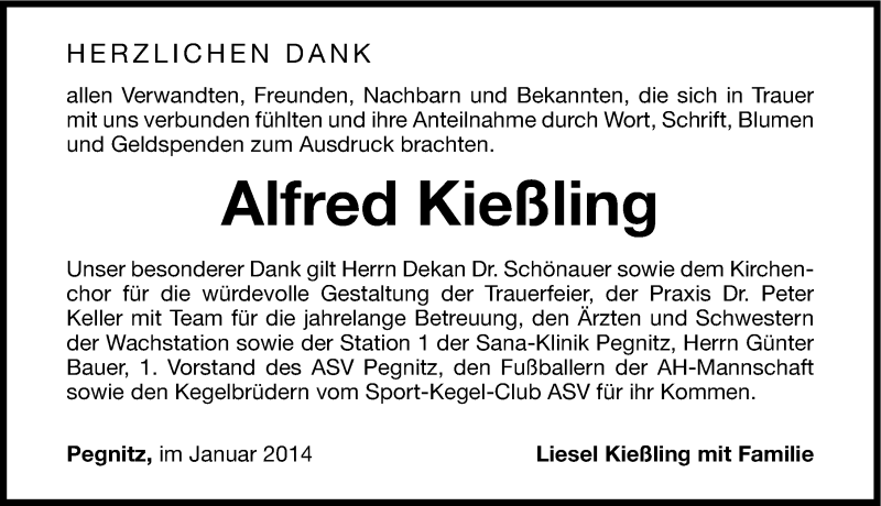  Traueranzeige für Alfred Kießling vom 01.02.2014 aus Nordbayerische Nachrichten Pegnitz Lokal