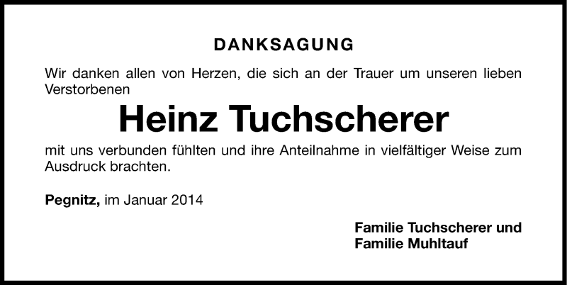  Traueranzeige für Heinz Tuchscherer vom 01.02.2014 aus Nordbayerische Nachrichten Pegnitz Lokal
