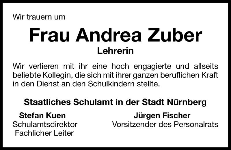  Traueranzeige für Andrea Zuber vom 01.02.2014 aus Gesamtausgabe Nürnberger Nachrichten/ Nürnberger Ztg.