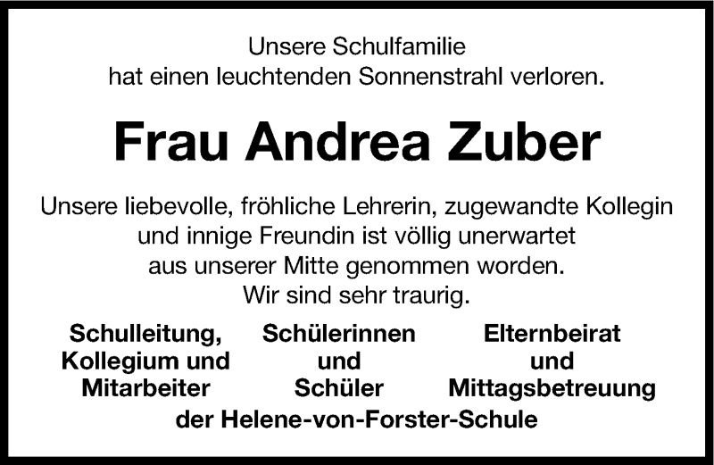  Traueranzeige für Andrea Zuber vom 01.02.2014 aus Gesamtausgabe Nürnberger Nachrichten/ Nürnberger Ztg.