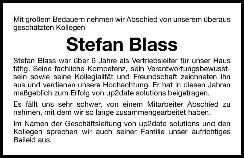  Traueranzeige für Stefan Blass vom 01.02.2014 aus Gesamtausgabe Nürnberger Nachrichten/ Nürnberger Ztg.