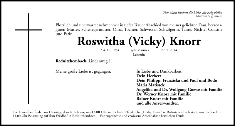  Traueranzeige für Roswitha Knorr vom 03.02.2014 aus Gesamtausgabe Nürnberger Nachrichten/ Nürnberger Ztg.
