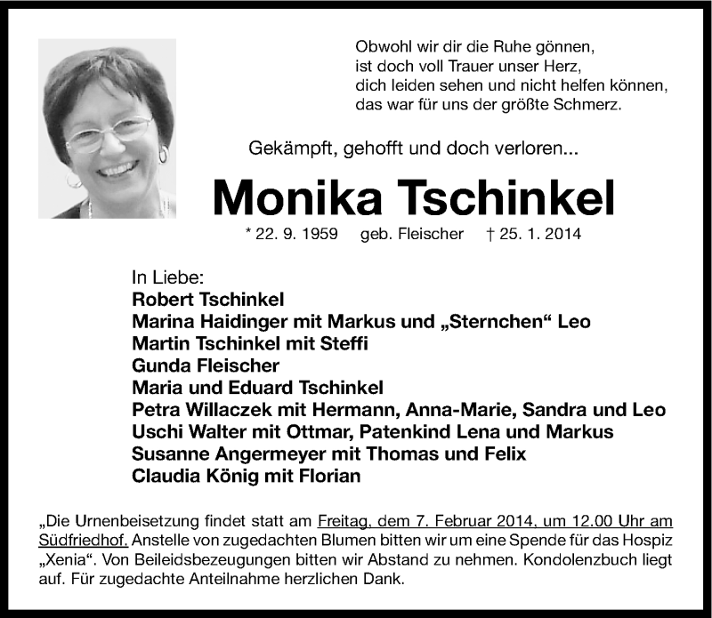  Traueranzeige für Monika Tschinkel vom 03.02.2014 aus Gesamtausgabe Nürnberger Nachrichten/ Nürnberger Ztg.