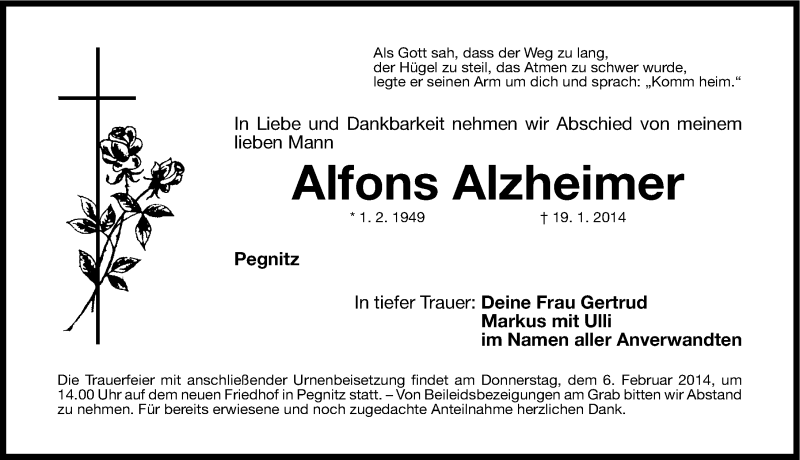  Traueranzeige für Alfons Alzheimer vom 04.02.2014 aus Nordbayerische Nachrichten Pegnitz Lokal