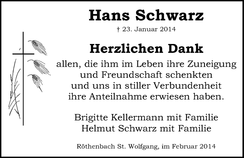  Traueranzeige für Hans Schwarz vom 05.02.2014 aus Gesamtausgabe Nürnberger Nachrichten/ Nürnberger Ztg.