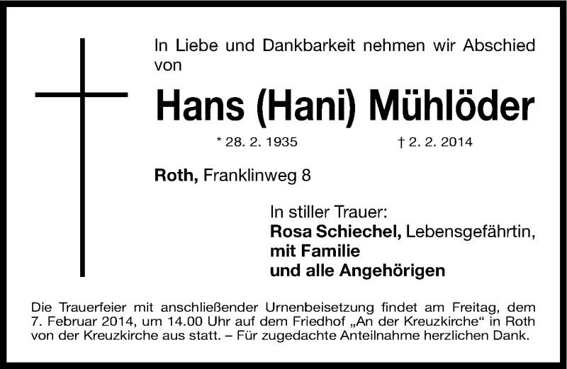  Traueranzeige für Hans Mühlöder vom 06.02.2014 aus Roth-Hilpoltsteiner Volkszeitung Lokal