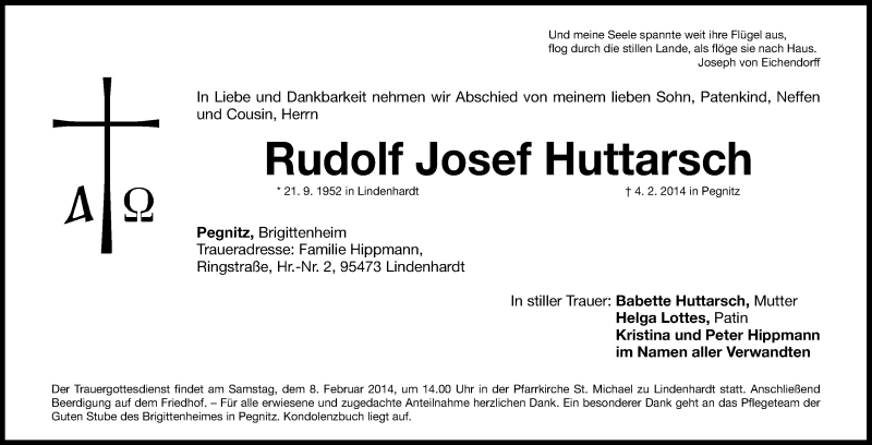  Traueranzeige für Rudolf Josef Huttarsch vom 06.02.2014 aus Nordbayerische Nachrichten Pegnitz Lokal