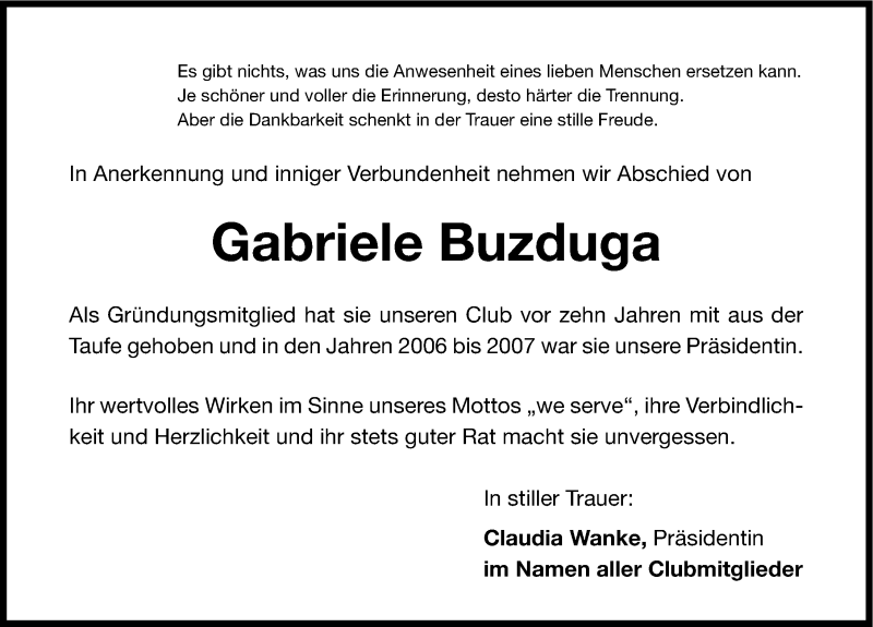  Traueranzeige für Gabriele Buzduga vom 06.02.2014 aus Nordbayerische Nachrichten Herzogenaurach Lokal