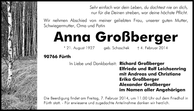 Traueranzeigen von Anna Großberger | trauer.nn.de