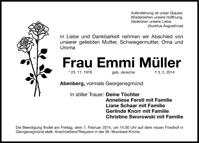  Traueranzeige für Emmi Müller vom 06.02.2014 aus Roth-Hilpoltsteiner Volkszeitung Lokal