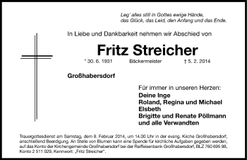 Traueranzeige von Fritz Streicher von Fürther Nachrichten Lokal