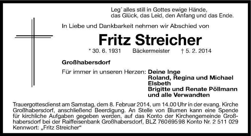  Traueranzeige für Fritz Streicher vom 06.02.2014 aus Gesamtausgabe Nürnberger Nachrichten/ Nürnberger Ztg.
