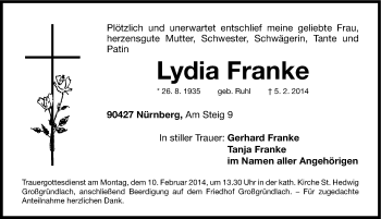 Traueranzeige von Lydia Franke von Gesamtausgabe Nürnberger Nachrichten/ Nürnberger Ztg.