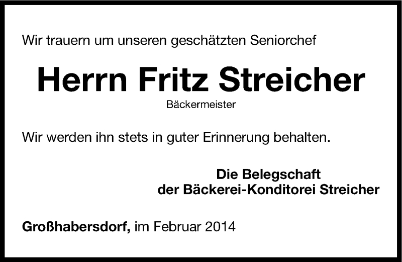  Traueranzeige für Fritz Streicher vom 07.02.2014 aus Fürther Nachrichten Lokal